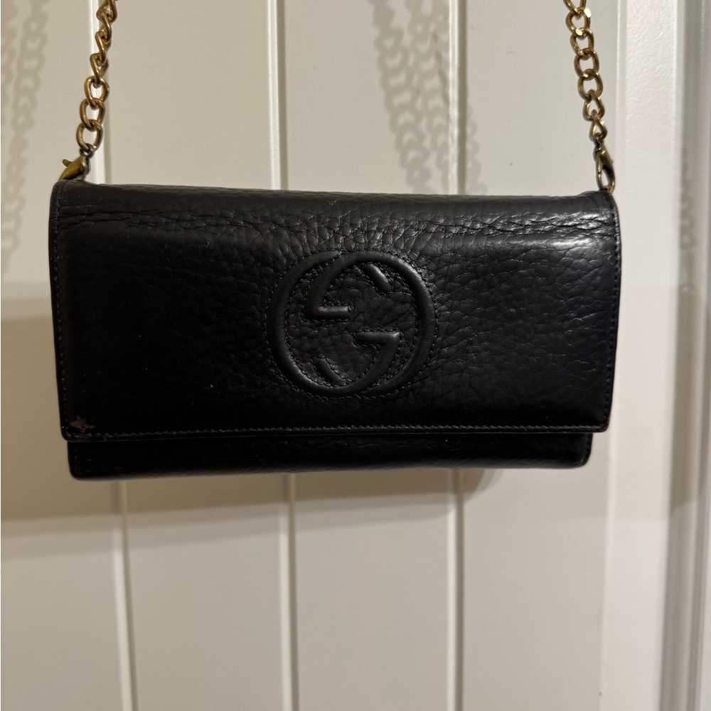 Gucci Black Leather Clutch with Gold Chain